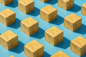 Poster - A collection of bright yellow cubes resting on a blue background, perfect for illustration and design purposes