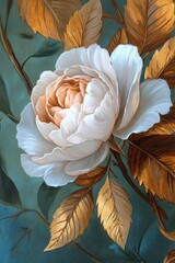 Poster - A close-up image of a white rose with golden leaves, ideal for use in designs related to elegance and sophistication