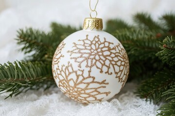 Aufkleber - A white and gold Christmas ornament sitting on snow, perfect for holiday scenes or winter wonderland compositions
