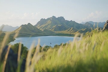 Poster - A serene landscape featuring a mountain range and a calm lake in the foreground, perfect for use in travel or nature-themed projects
