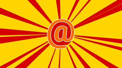 Poster - At symbol on the background of animation from moving rays of the sun. Movement symbolizes the dawn of the sun. Large orange symbol increases slightly. Seamless looped 4k animation on yellow background