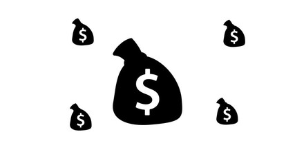 Poster - Zoom in and out animation the bag of money symbol. Large black symbol in the center and four small symbols around. Seamless looped 4k animation on white background