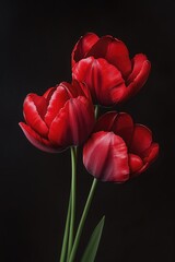 Poster - Close-up of three red tulips in a vase against a dark background