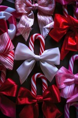 Poster - Close-up view of colorful bows arranged on a table, ideal for decorative or gift wrapping purposes