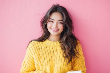 Poster - A beautiful young woman holds a cup of coffee, perfect for cafe or office use