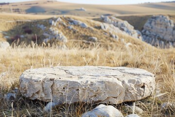Poster - A large boulder sits in the center of an open field, surrounded by grass and possibly some wildflowers