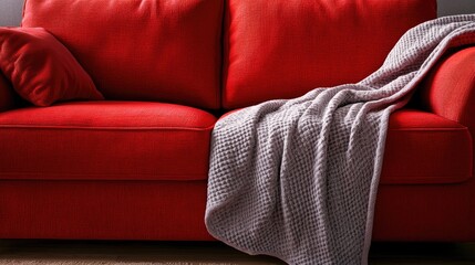 Poster - A plush red couch with a soft blanket draped over the back, perfect for a cozy living room or home decor photo shoot