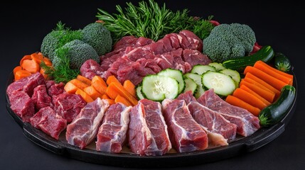 Poster - A colorful platter featuring raw meat, vegetables, and broccoli