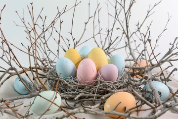 Poster - A nest filled with colorful eggs sits atop a table, ideal for decorative or educational purposes