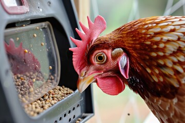Aufkleber - A chicken eats from a bird feeder in a close-up shot