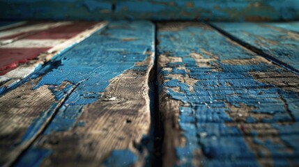 Aufkleber - A close-up view of a worn-out wooden table with peeling paint, suitable for use as a decorative element or in a still life composition