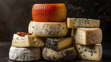 Poster - A selection of various cheeses on a wooden table, perfect for a snack or appetizer