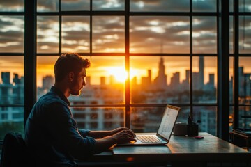 Poster - a person sitting at a desk with a laptop and possibly doing some work or research
