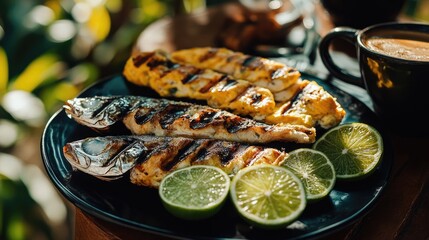 Poster - Freshly grilled fish served with slices of lime and a warm cup of coffee