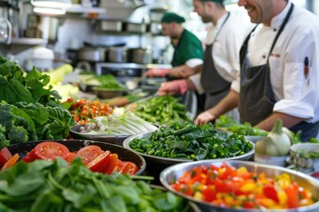 Poster - Group of professional chefs working together in a modern kitchen, chopping and cooking ingredients for a meal