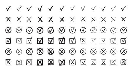 Check marks hand drawn doodle set. tick, cross signs for checkbox, checklist, v and x in sketch set.