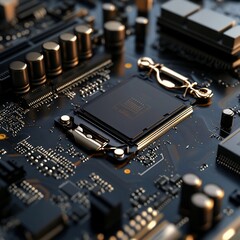 Aufkleber - Close-up of a computer motherboard with a CPU chip in the center, surrounded by circuitry and components.