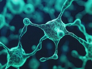 Poster - Exploring neuronal interactions microscopic view scientific visualization abstract environment close-up perspective for neurobiology research
