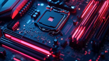 Poster - Close-up of a computer motherboard with red LED lights illuminating the central processing unit (CPU) and RAM slots.