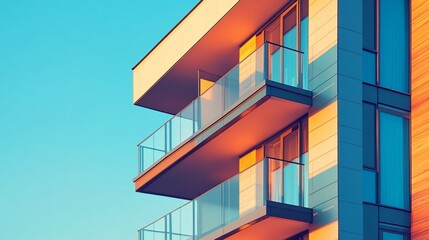 Poster - Modern apartment building with balconies against a blue sky.