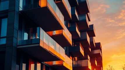 Poster - Modern apartment building with balconies against a sunset sky.