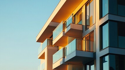 Poster - Modern apartment building with balconies and large windows bathed in warm sunset light.