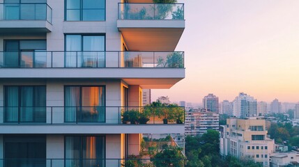 Poster - Modern apartment building with balconies overlooking city skyline at sunset.