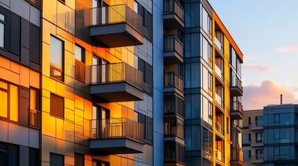 Poster - Modern apartment building with balconies, bathed in the warm light of sunset.