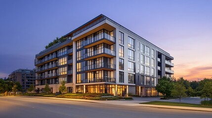 Poster - Modern apartment building with glass balconies and a rooftop terrace at twilight.