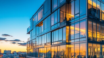Poster - Modern glass office building with glowing windows at sunset.