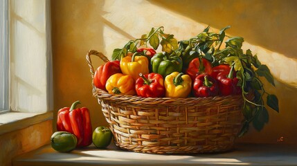 Wall Mural - A wicker basket overflowing with vibrant red, yellow, and green bell peppers, bathed in warm sunlight.