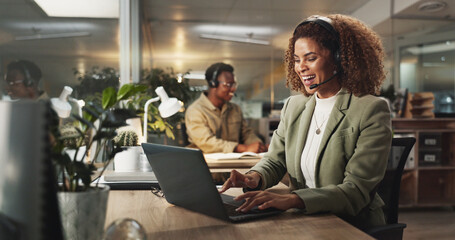 Poster - Happy woman, night or consultant with laptop or headphones at call center for online advice, help or assistance. Female person, agent and typing with smile on computer for customer service at office