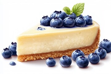 A slice of creamy cheesecake topped with fresh blueberries and a mint leaf, showcasing a delightful dessert presentation.