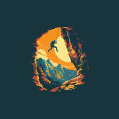 vector illustration of a man climbing a rock in the mountains