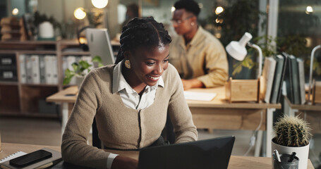 Poster - Black woman, laptop and press communication in office, email client and online to update website. Female person, journalist and chat to contact for quote in workplace, night and reporter for article