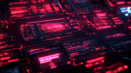 3D Illustration - Futuristic Red Digital Interface HUD