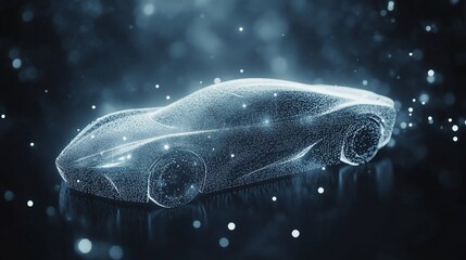 Poster - a futuristic sports car made of glowing particles against a dark blue background with bokeh.