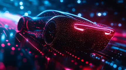 Poster - a futuristic sports car with glowing neon lights, made up of thousands of particles, driving on a ro
