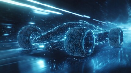 Aufkleber - A futuristic, blue glowing racing car made of particles moves rapidly on a dark background, suggesting speed and innovation.