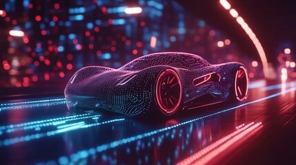 Aufkleber - A futuristic, sleek, black sports car with glowing red and blue lights driving through a digital tunnel.