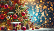© Polymathein LLC - Christmas Tree Background with Gold Particle, Dust, Christmas Balls, Snow, Snow Flakes, Cherry, and Pine Decorations