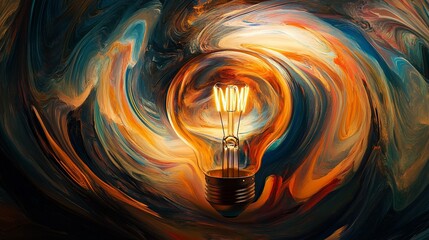 Aufkleber - A glowing light bulb surrounded by a swirling abstract colorful background, symbolizing innovation and creativity.