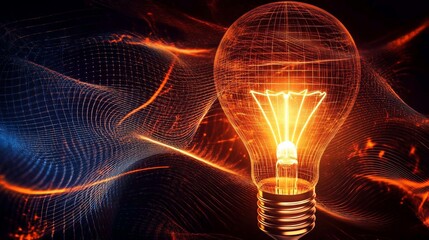 Poster - A glowing light bulb with a dark background of a wavy mesh of red and blue lines, representing innovation, creativity, and new ideas.