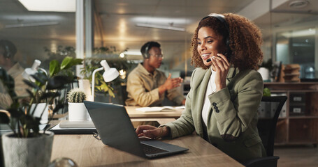 Poster - Happy woman, call center consultant and laptop for telemarketing, support or business. Help, insurance agent and employee with microphone for customer service, listening and crm at night on deadline