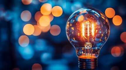 Poster - A glowing light bulb with a warm, orange light, illuminated against a blue and orange bokeh background.