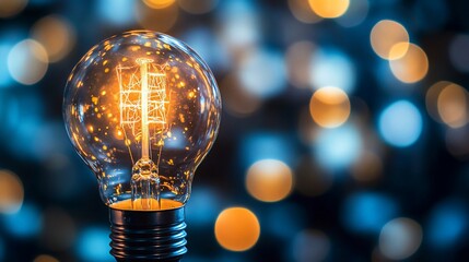Poster - A glowing vintage light bulb with a soft, blurred background of warm and cool bokeh lights.