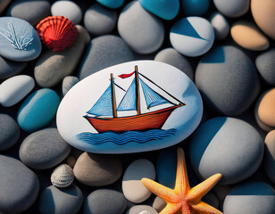 Wall Mural - A pebble with a sailboat painting on colorful pebbles on the beach in summer