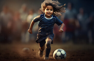 A young girl running joyfully with a soccer ball on a field, surrounded by cheering spectators.