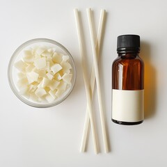 On white background, wax flakes are combined with essential oils and wooden wicks to make homemade candles