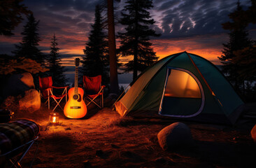cozy camping scene with a guitar, tent, and campfire under a beautiful sunset sky.